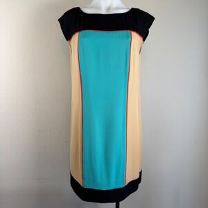 ECI Silk Colorblock Dress Size 8 Teal Beige Black Shift‎ Sheath Career Cocktail